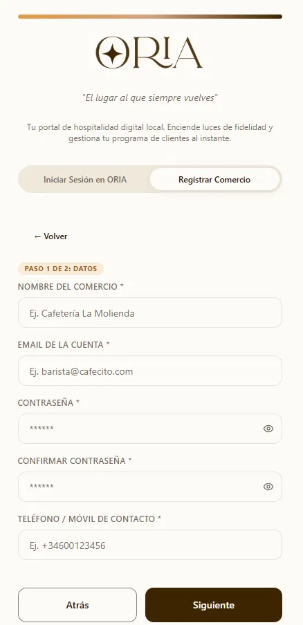 Formulario de alta de ORIA, paso 1: datos del comercio