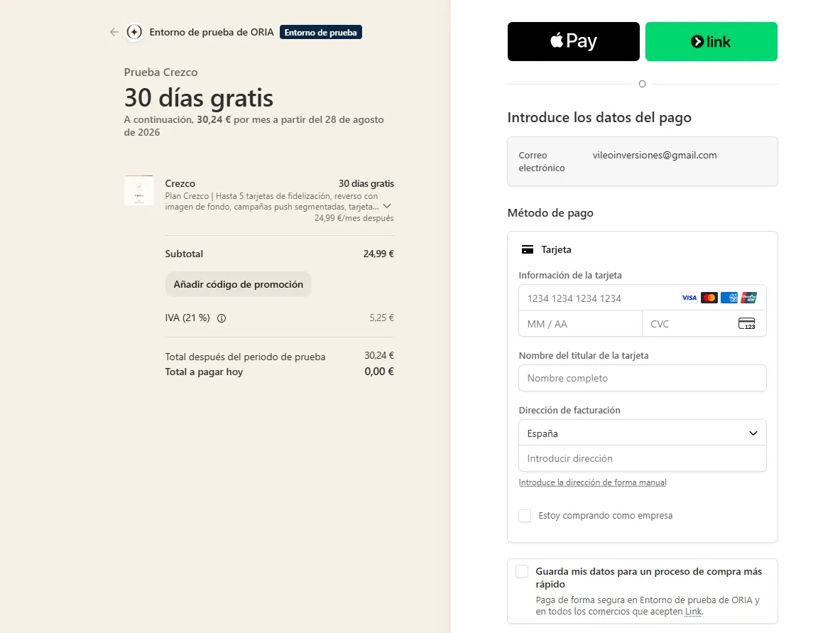 Checkout de pago con Stripe, treinta días gratis