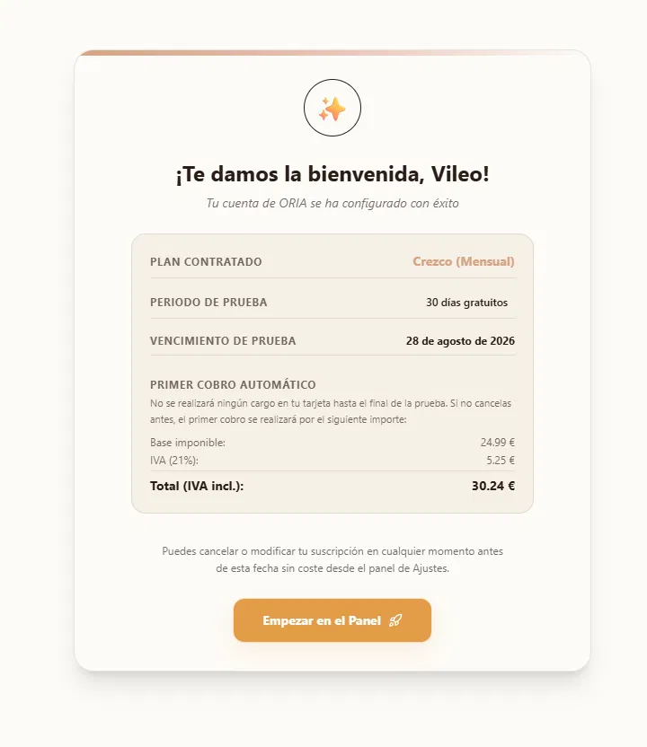 Pantalla de bienvenida tras completar el alta