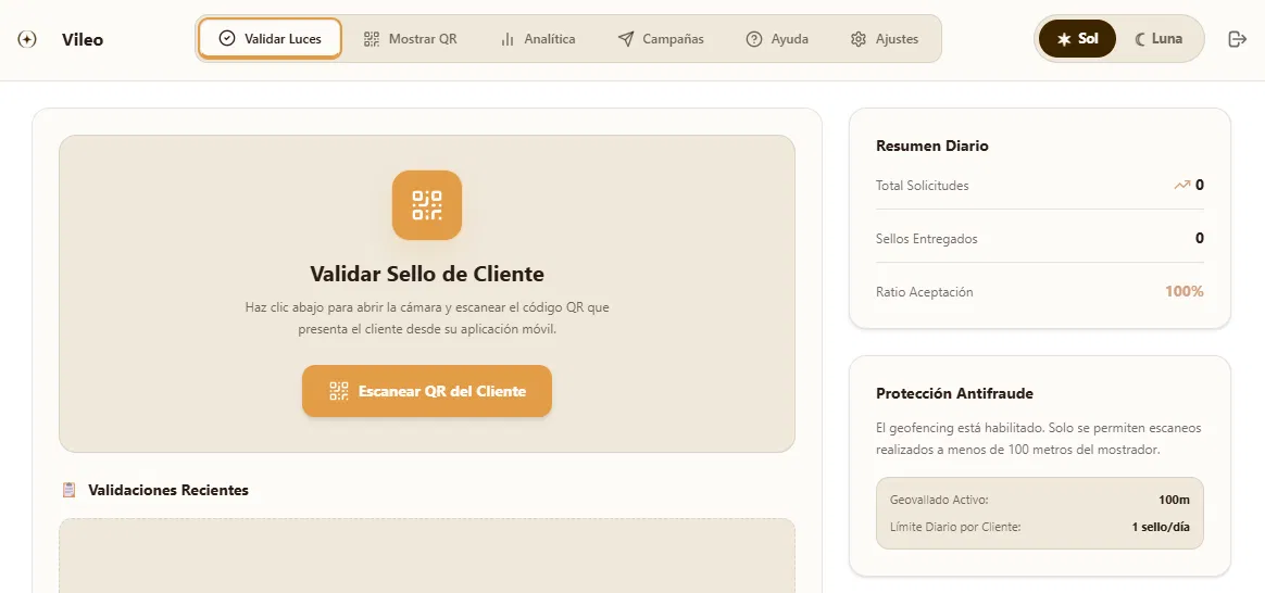 Pantalla de escaneo de QR para validar sellos