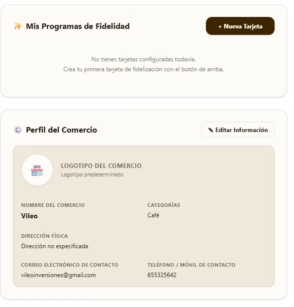 Perfil del comercio en el panel de ORIA
