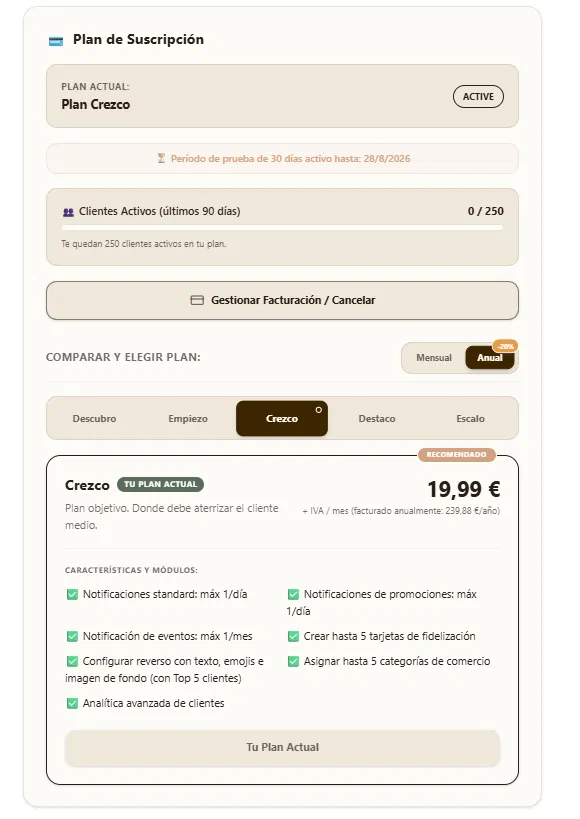 Comparador de planes de suscripción de ORIA