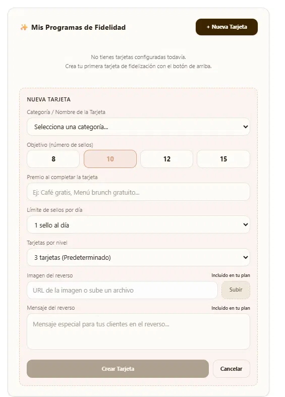 Formulario de creación de una tarjeta de hospitalidad nueva